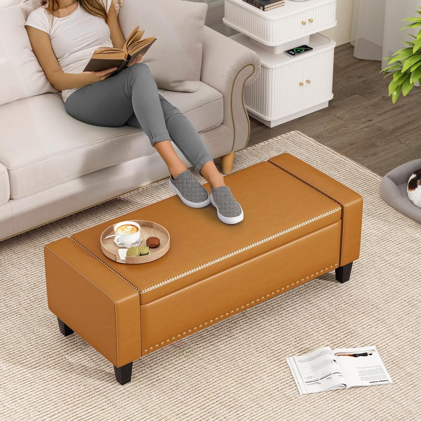 48.8" Storage Ottoman Bench Brown | Faux Leather Bedroom Bench with Lift Top for Living Room & Bed End