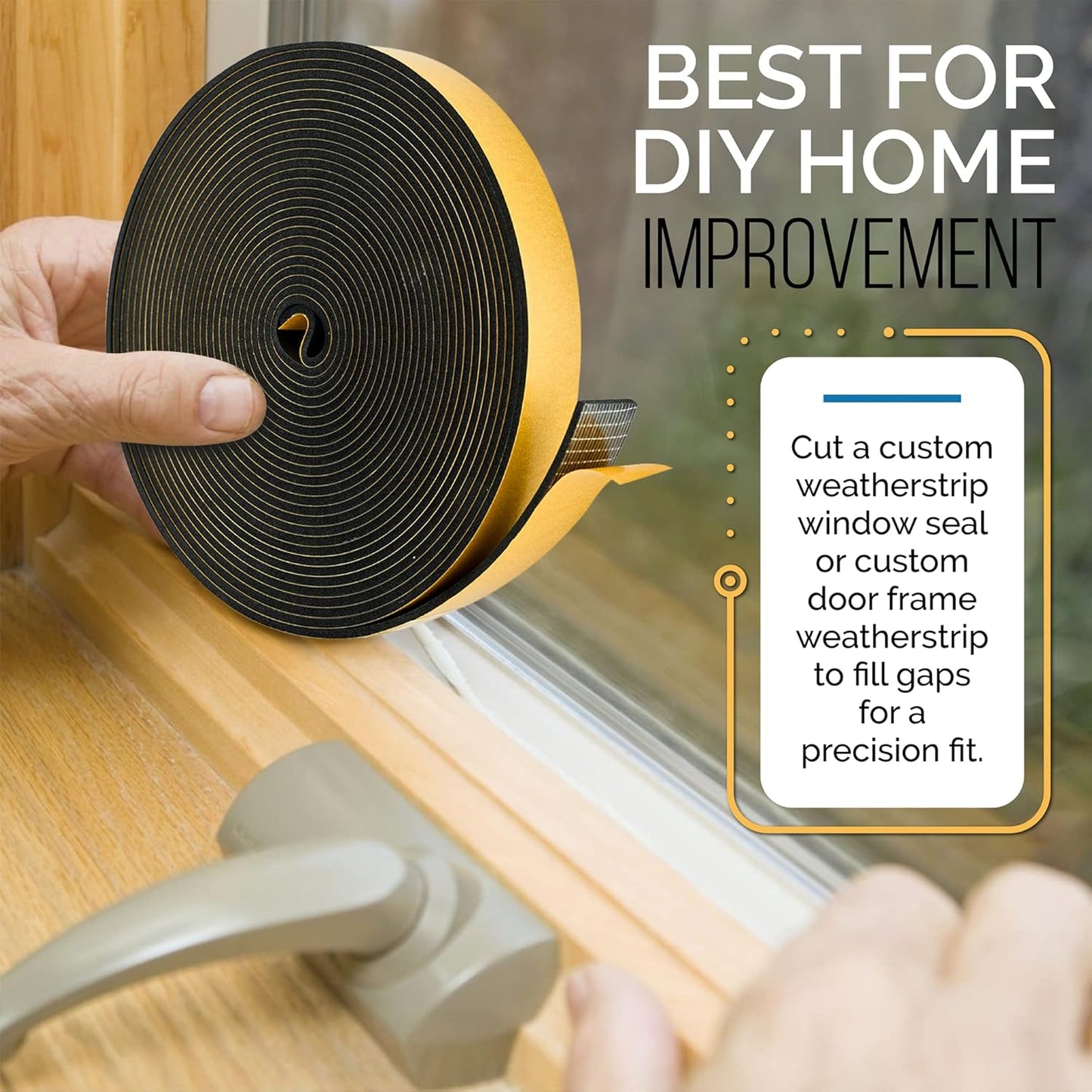 High Density Foam Weather Stripping Door Seal Strip Insulation Tape Roll for Insulating Door Frame, Window, Air Conditioner | Self Adhesive Sealing Weatherstrip (Black, 1/2 in x 1/4 in 30 Ft)