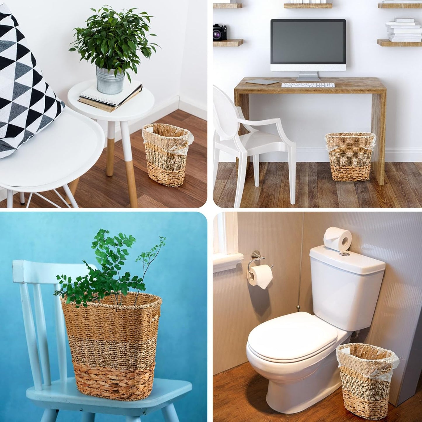 2 Pcs Wicker Trash Can with 50 Small Trash Bag Wicker Waste Woven Basket with Handles Clear Multi Use Garbage Bags for Bathroom Kitchen Bedroom(Various Materials,Classic Style)