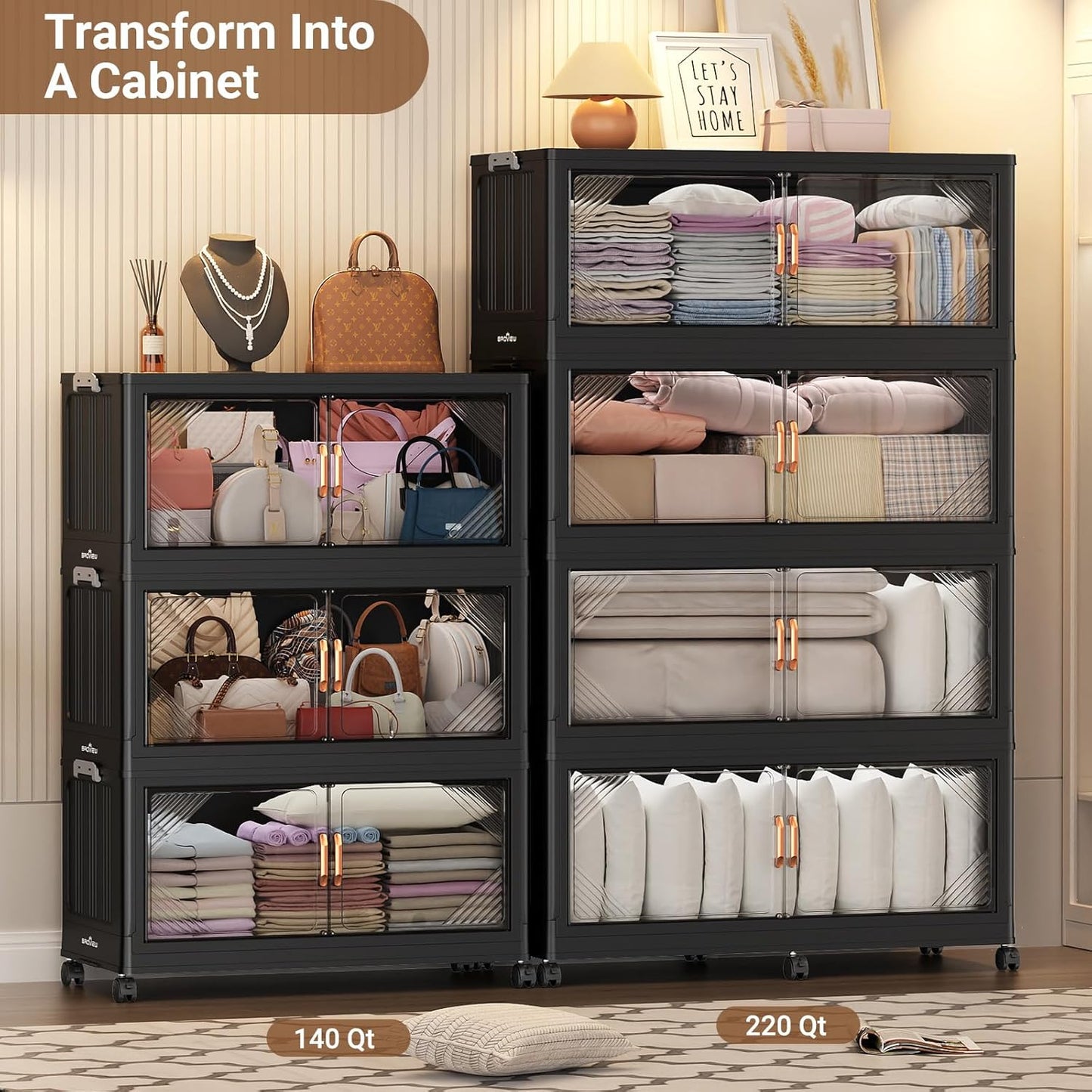 165Gal Plastic Stackable Storage Bins with Lid, 660QT Extra Large Closet Organizers Collapsible Cabinets Boxes With Drawers, Foldable Containers with 6x Wheels for Home Kitchen, V60 3Pack Black