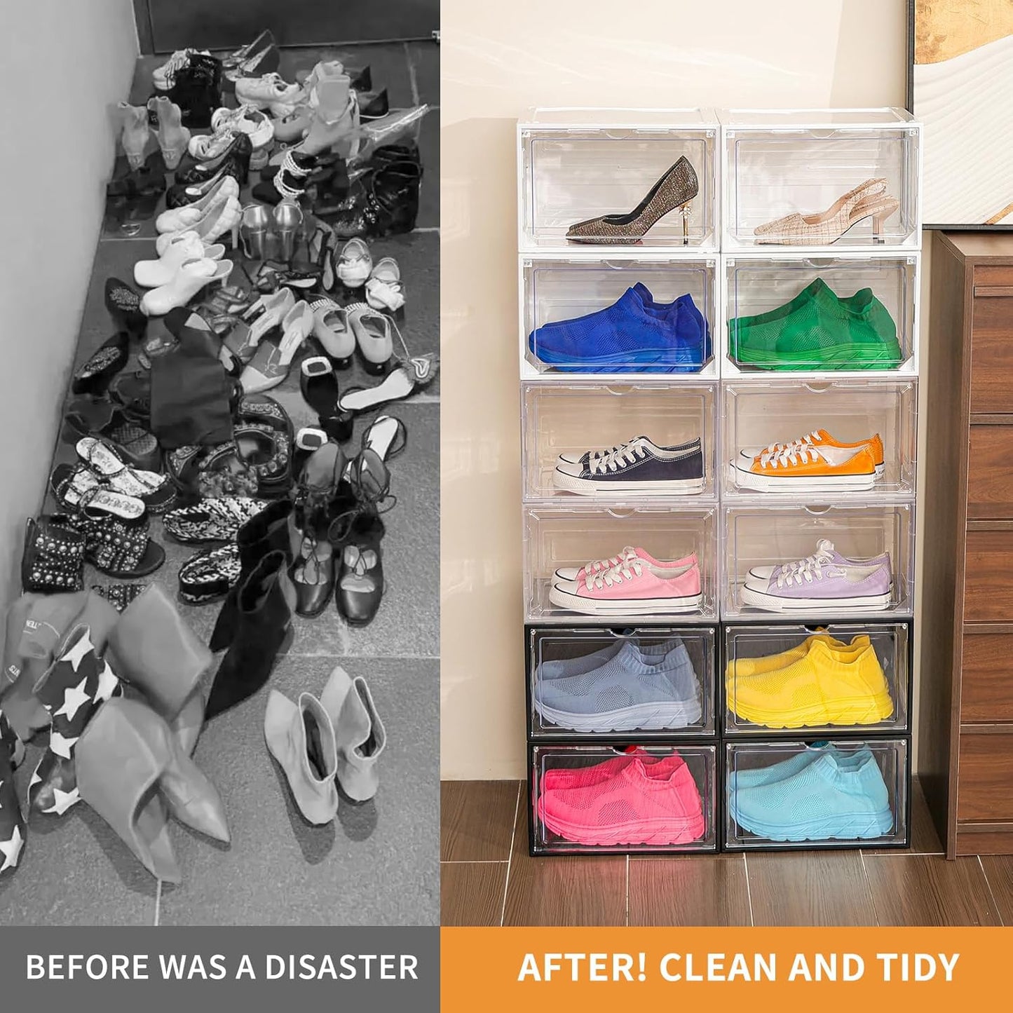 12 Pack Clear Shoe Boxes Stackable,Large Shoe Storage Organizer with Magnetic Door,Drop Side Shoe Containers for Entryway,Sneaker Storage Fit up to US Size 12 for Men/Women