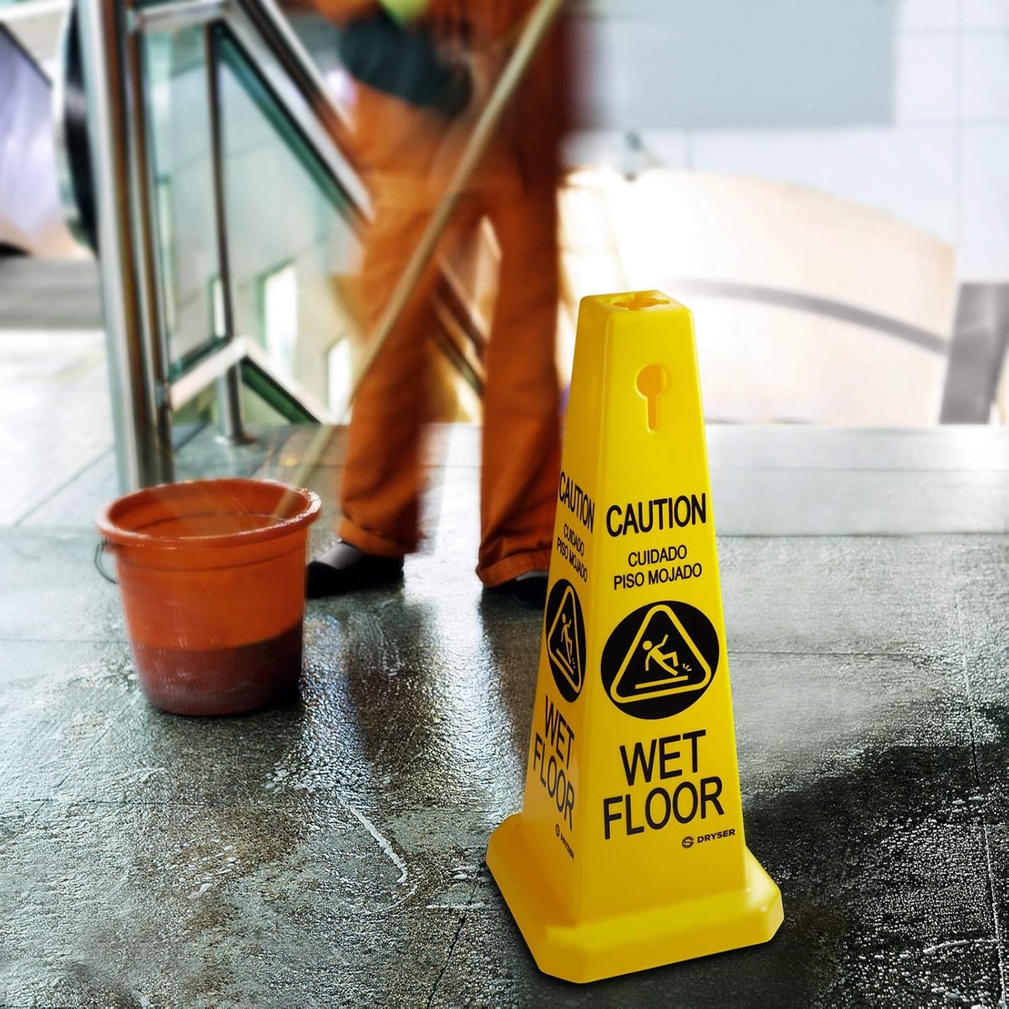 Dryser 3-Pack 26" Caution Wet Floor Cones - Yellow English/Spanish Warnings