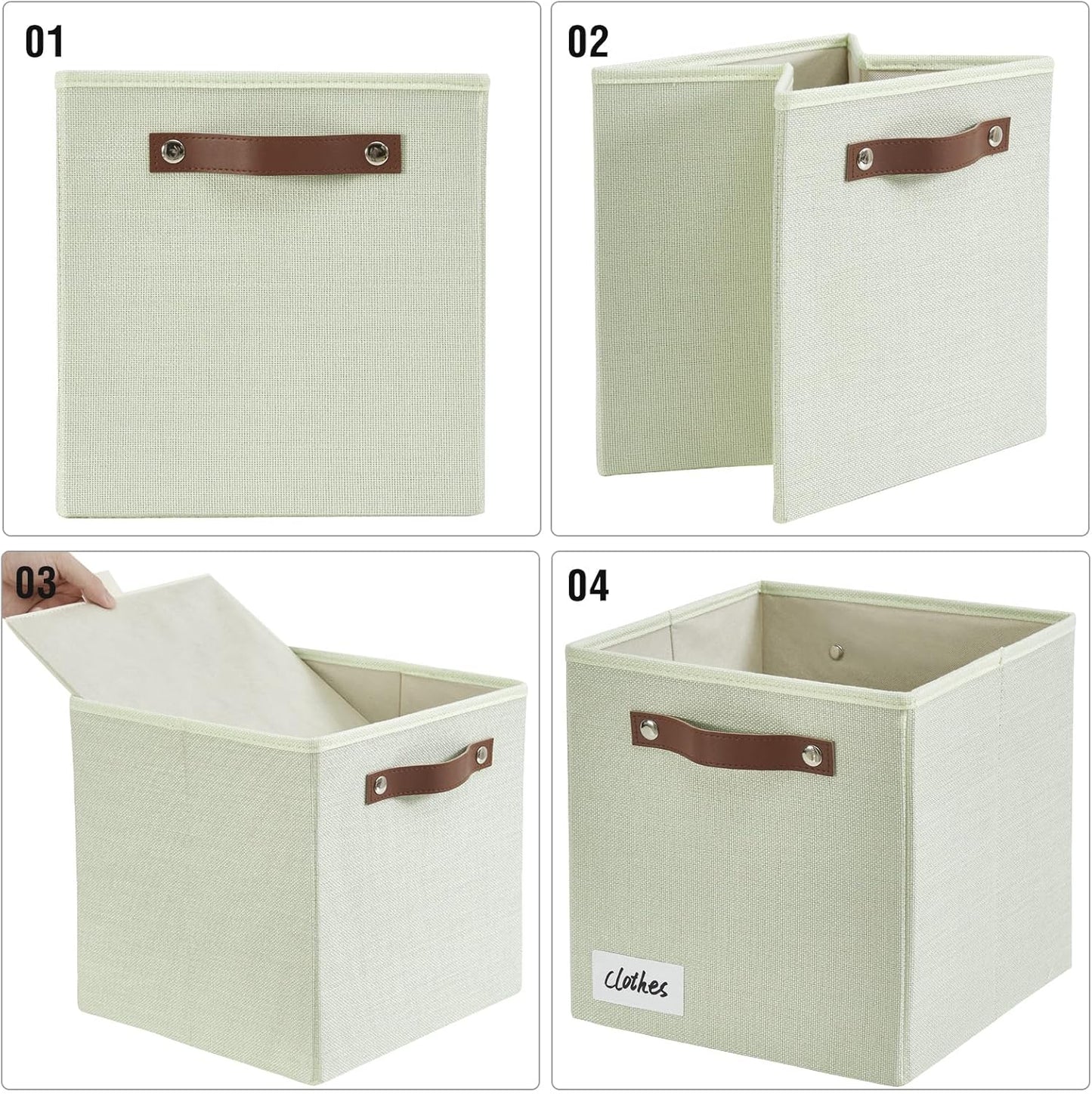 Collapsible Fabric Storage Cube Bins with 2 Reinforced PU Handles, Foldable Storage Organizer Baskets for Closet, Shelves, Living Room | 11"x11"x11", 4 Pack, Sage Green
