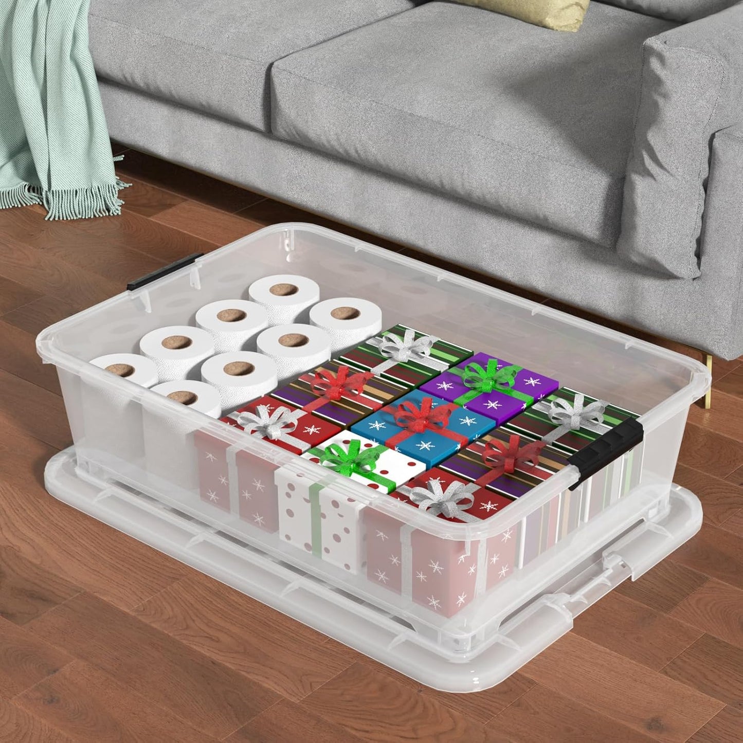 50 Quart Large Clear Plastic Under Bed Storage Bins with Wheels, 3-Pack Stackable Storage Bin with Latching Lid