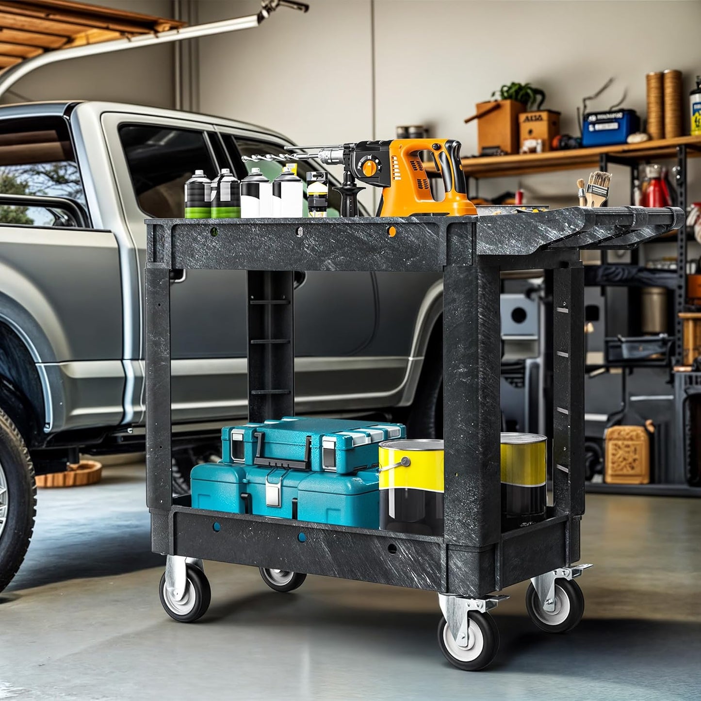 DWVO Utility Cart, 1000 lbs Capacity, 2 Shelf Heavy Duty Plastic Service Utility Cart on Wheels, Rolling Storage Work Carts Suitable for Warehouse, Garage, School & Office, Cleaning, Black