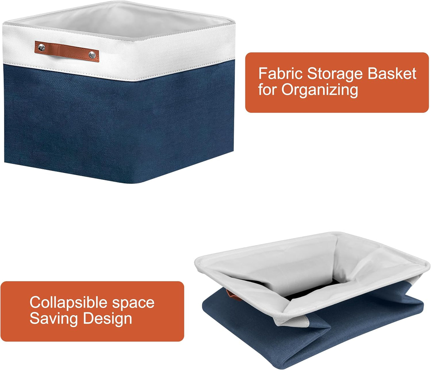 13in Open Fabric Storage Basket with Leather Handles for Organizing, Collapsible Linen Closet Bins for Shelves, Closets, Laundry, Decorative Basket for Gifts. (White&Blue, 3PCS/13x13in)