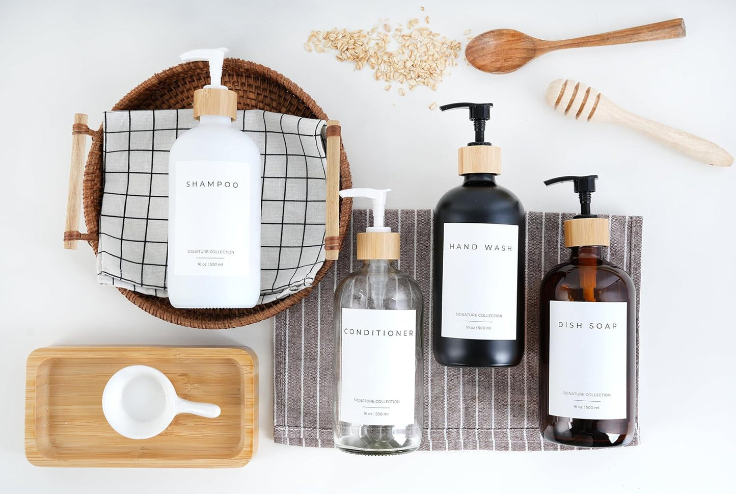 Emerson Soap Dispenser, Dish Soap Dispenser for Kitchen, Soap Dispenser Bathroom Set - Hand Soap Dispenser, Kitchen Soap Dispenser Set, Glass Soap Dispenser with Pump and Labels, 16 Oz | 2-Pack