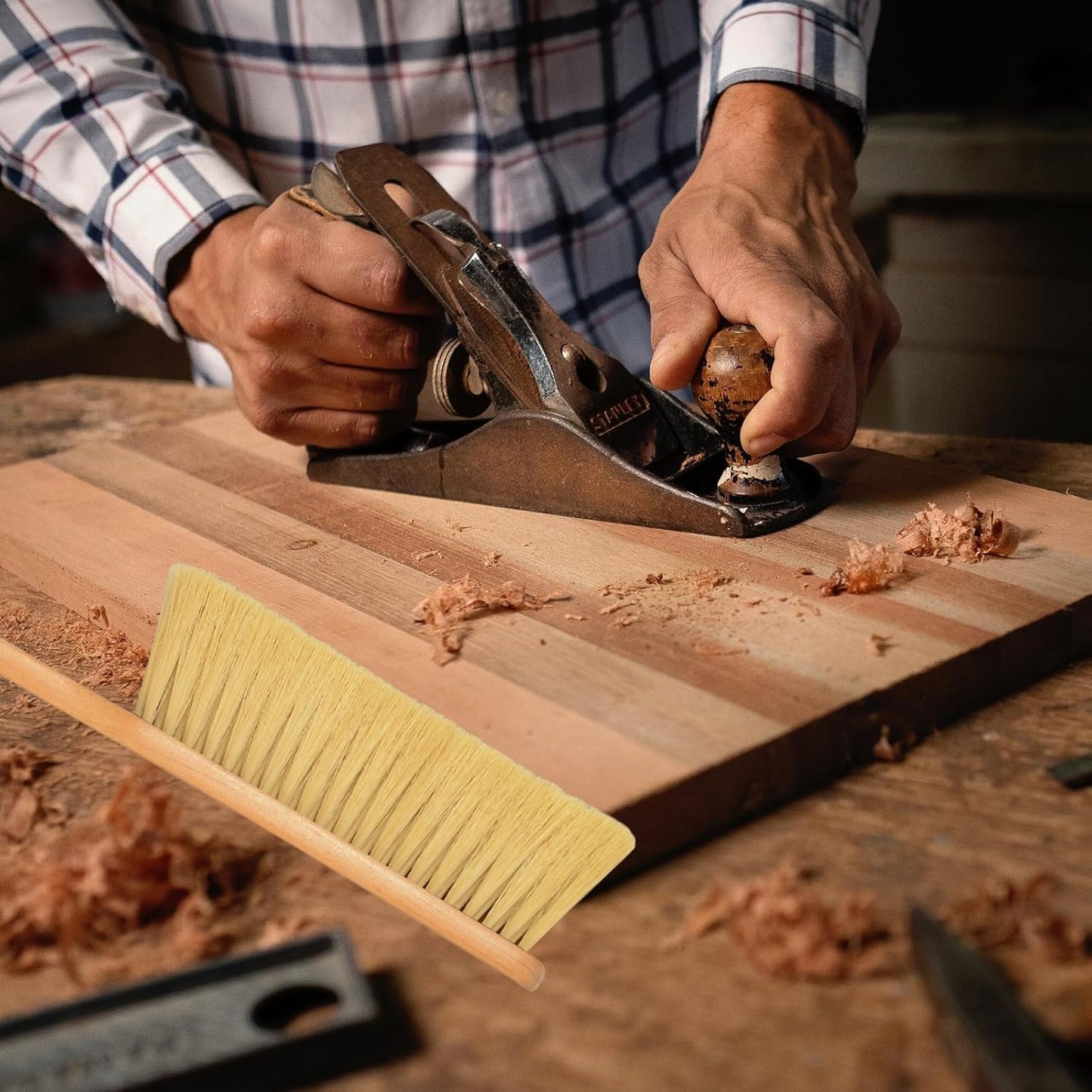 2 Pieces Woooden Dust Brush Hand Broom Bench Brush with Long Wood Handle Whisk Broom Soft Bristle Brush for Counter Bed Sofa Car Fireplace Clothes Household Cleaning(Brown, Khaki)