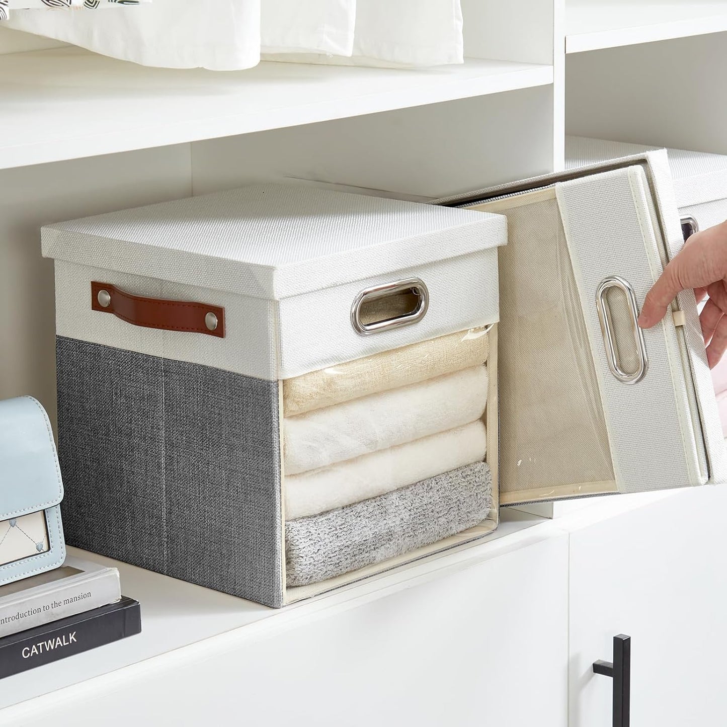 Fabric Storage Cubes with Clear Windows and Lids, 11'' Foldable Storage Bins with 3 Handles, Decorative Storage Boxes for Home, Bedroom, Closet, Office (Gray & White)