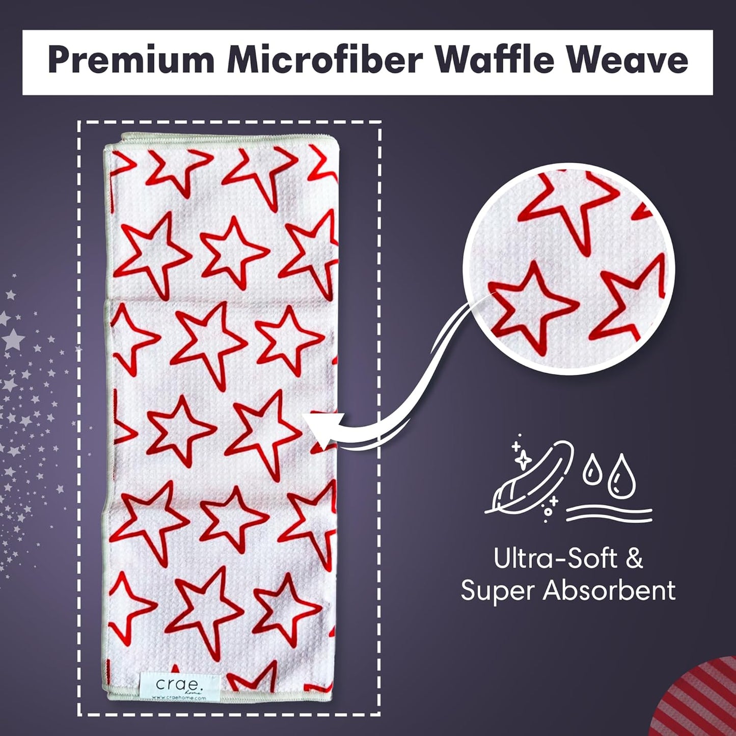 2 Double Sided Microfiber Hand Towels, 17x27 Inches Waffle Design Kitchen Towels Set, Durable & Soft Fast Drying Hand Wash Cloth, Everyday Dishcloth Use at Home (Stars & Stripes - Red, Blue, Cream)