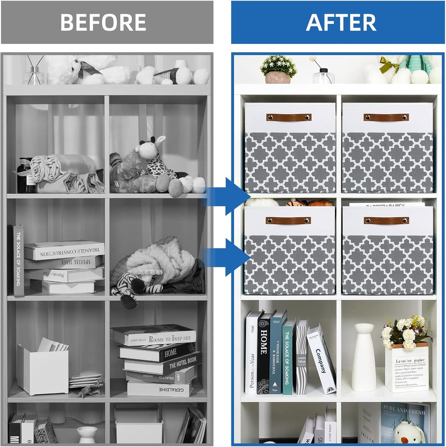 Temary 12x12x12 Fabric Storage Bins 4 Pack with Leather Handle, Foldable Cubes Storage Box Baskets for Closet, Shelf (White&Lattice)