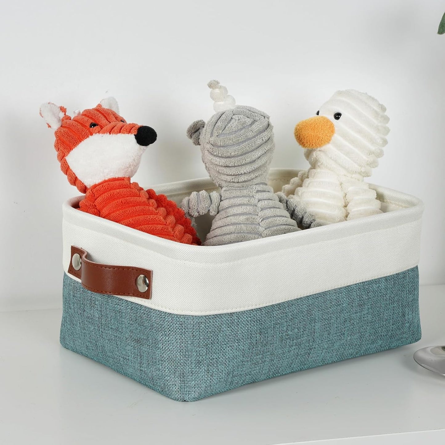 DULLEMELO Small Storage Bin,Small Fabric Rectangular Storage Basket for Shelves,Foldable Bin with Handles for Toy and Clothes Storage (White&Dark Green,1 PACK)