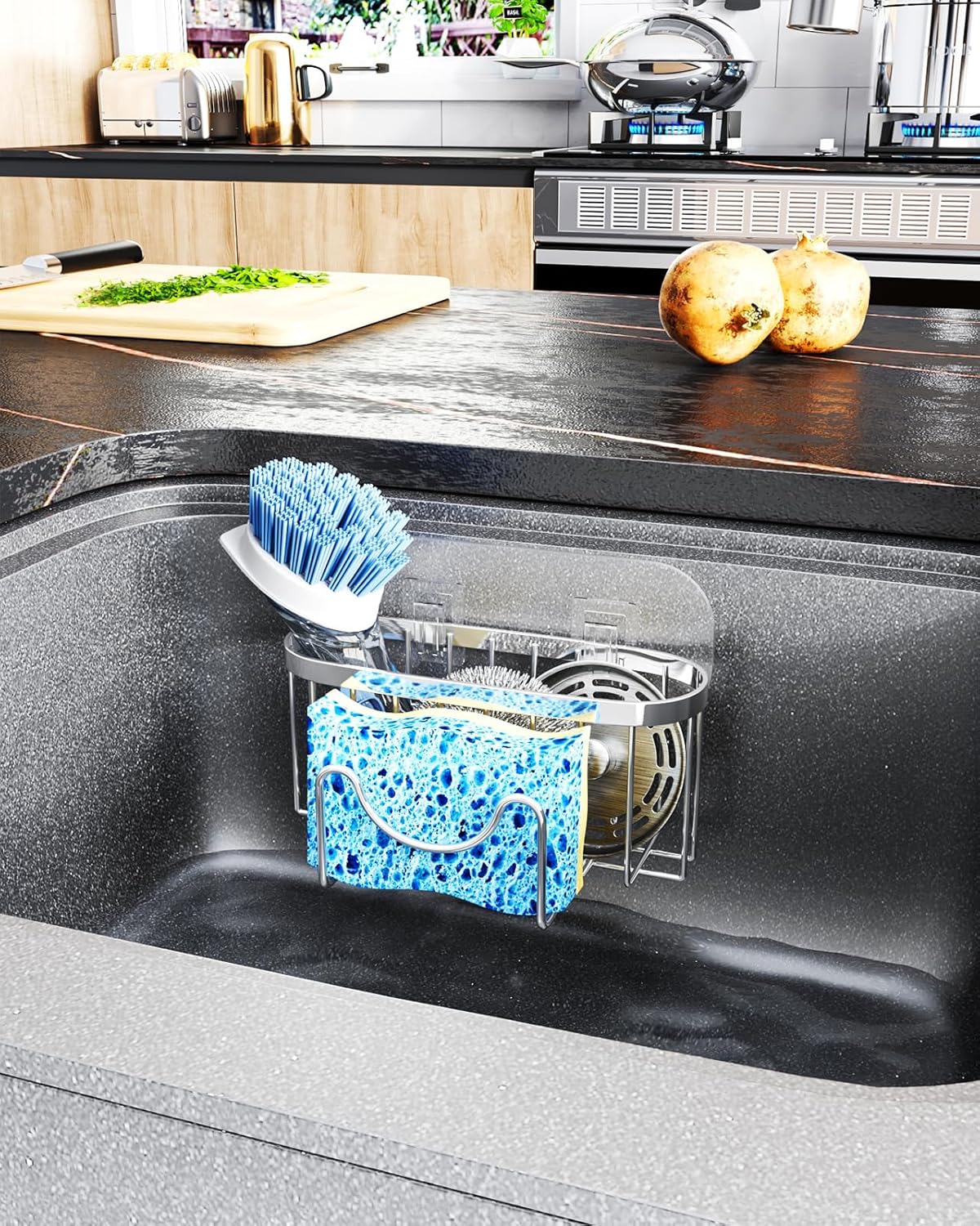 HapiRm Multifunctional Adhesive Kitchen Sink Organizer with M-Shaped, 2 Installation Methods Kitchen Sponge Holder, Rustproof Sponge Caddy for Brush, Sink Stopper and Scraper -Silver