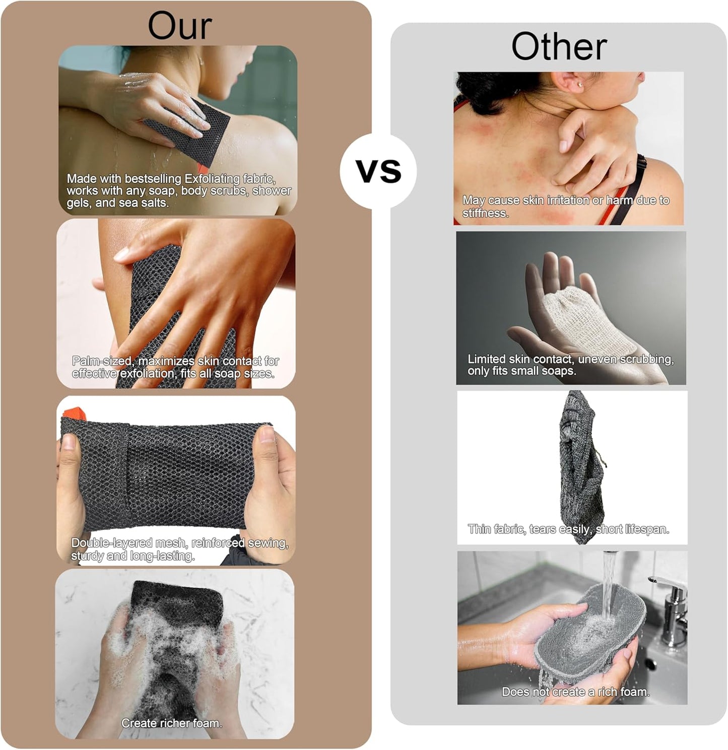 2 Pack Soap Bag Different Roughness Deep and Gentle,Bar Soap Pouch Saver Pocket,Body Scrubber Shower Sponge Loofah,Exfoliating Bath Sponge (Black)