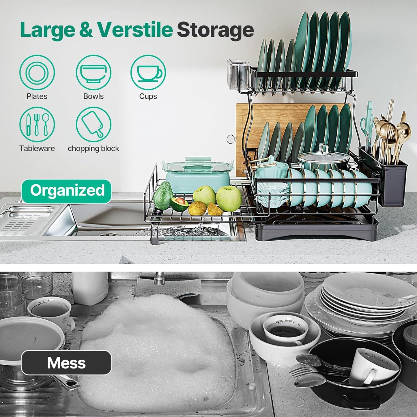 2 Tier Expandable Dish Drying Rack, Large Stainless Steel Dish Drying Rack Drainers for Kitchen Counter, Upgrade Dish Drainer with Utensil Holder, Drainboard & Cups Holder, Anti-Rust & Space Saving