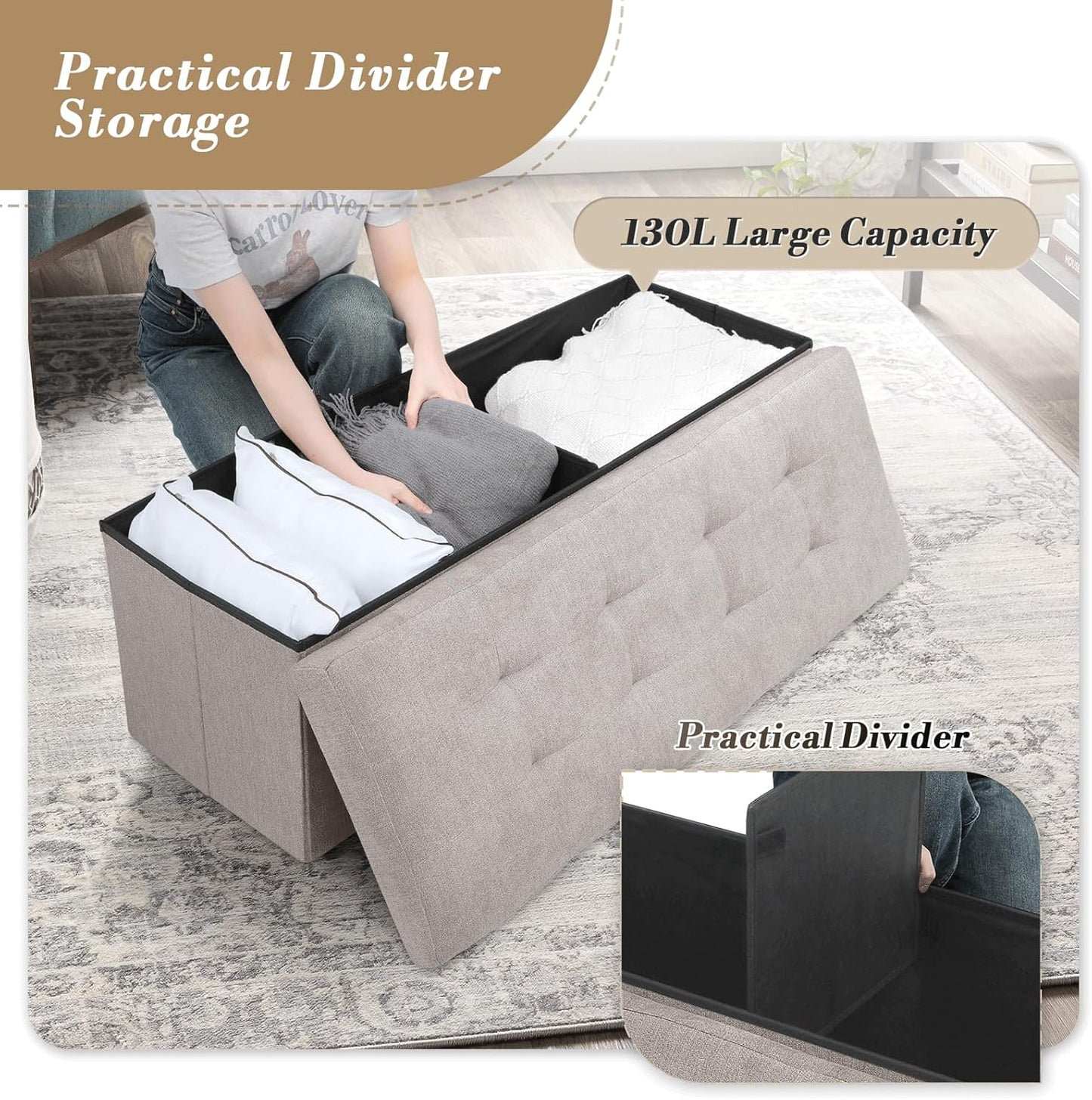 Athena Collection 43" Storage Ottoman Bench Folding Bench with 130L Hidden Storage, Large End of Bed Bench Linen Foot Rest Stool Chest with Flipping Lid for Living Room Bedroom Entryway, Sandy Beige