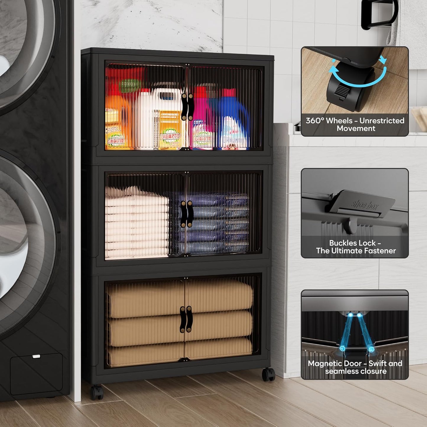 Jalove 88QT Plastic Storage Bins with lids, Stackable Collapsible Storage Containers with Wheels, Closet Organizer and Storage Drawers, Clothes Storage Cabinet for Home Office Garage, 3 Pack Black