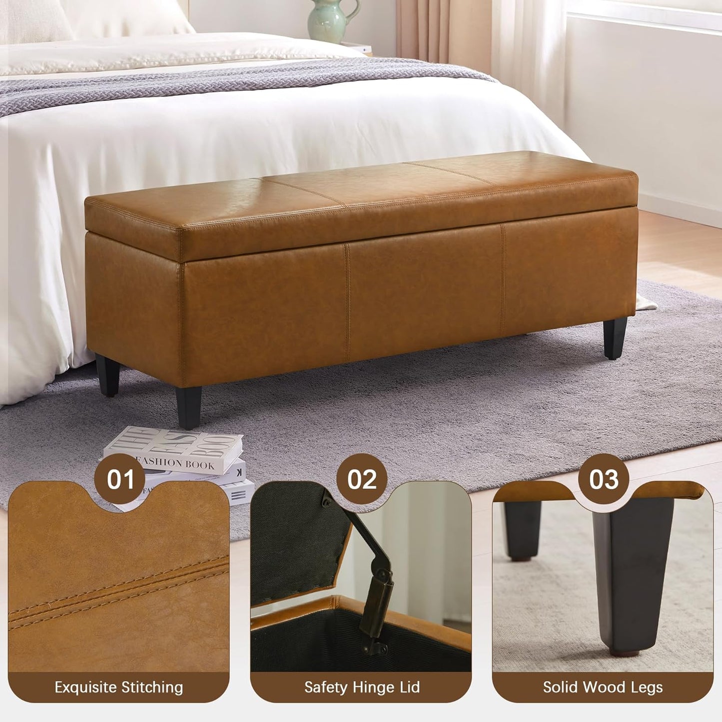 HUIMO Faux Leather Storage Ottoman Bench 50.3 Inch Extra Long PU Upholstered Bedroom Bench with Large Storage Space for The Living Room, Entryway, Bedroom Hold Up to 300lbs (Light Brown)