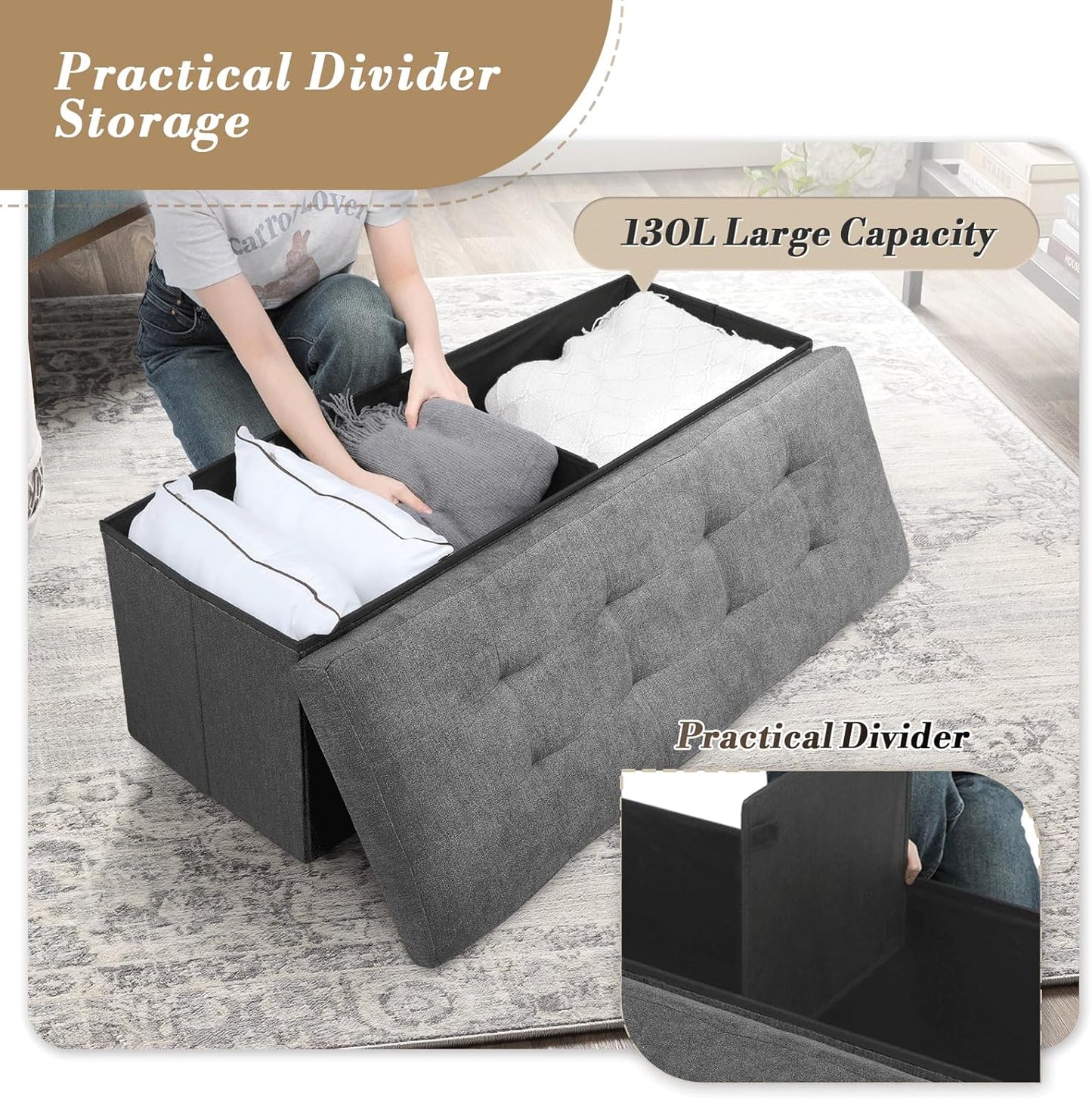 Athena Collection 43" Storage Ottoman Bench Folding Bench with 130L Hidden Storage, Large End of Bed Bench Linen Foot Rest Stool Chest with Flipping Lid for Living Room, Bedroom, Entryway, Dark Gray