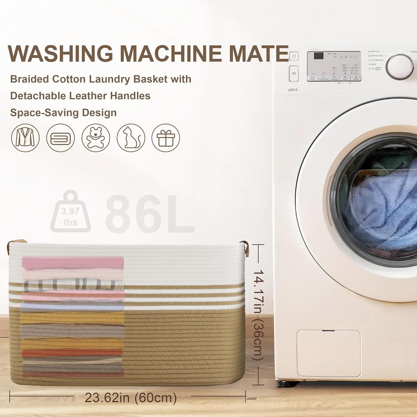 86L Extra Large Laundry Basket with Leather Handles for Living Room Storage, Woven Rope Baskets for Blanket, Kids Toy, Gifts, Wicker Hamper for Bedroom Dirty Clothes, 24"x16"x14" Khaki