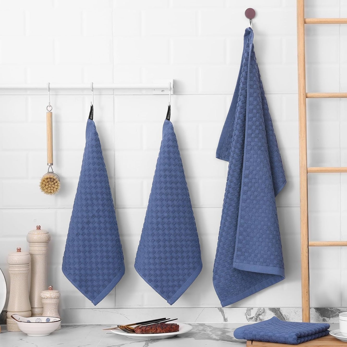 Fintale 100% Cotton Kitchen Towels and Dishcloths Set, 12 x 12 & 15 x 25 Inches, Set of 8 Bulk Super Soft and Absorbent Terry Cloth Dish Towels, Quick Drying Hand Towels with Hanging Loop, Navy Blue