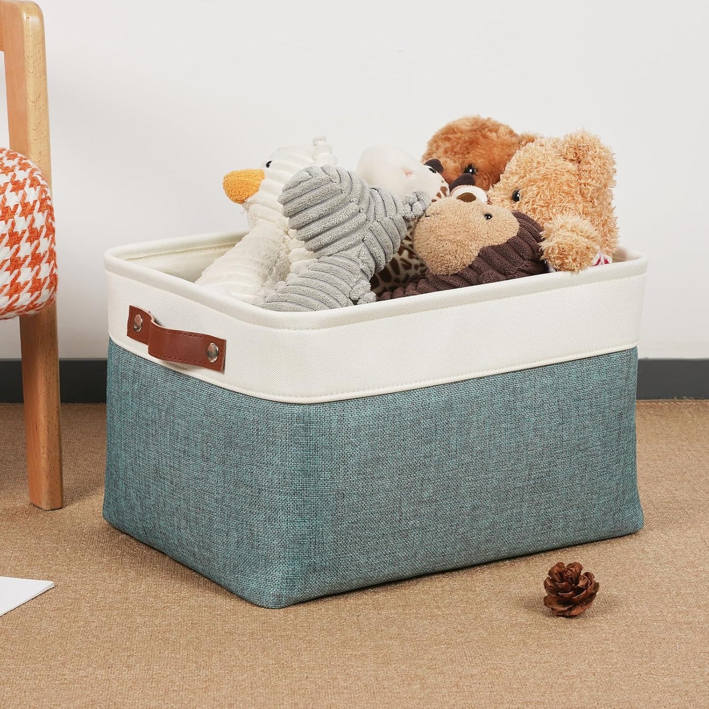 DULLEMELO Storage Baskets for Organizing,Rectangular Fabric Storage Bins with Handles for Office,Bedroom(3-Pack -15 inch X 11 inch X 9.5 inch, White&Dark Green)