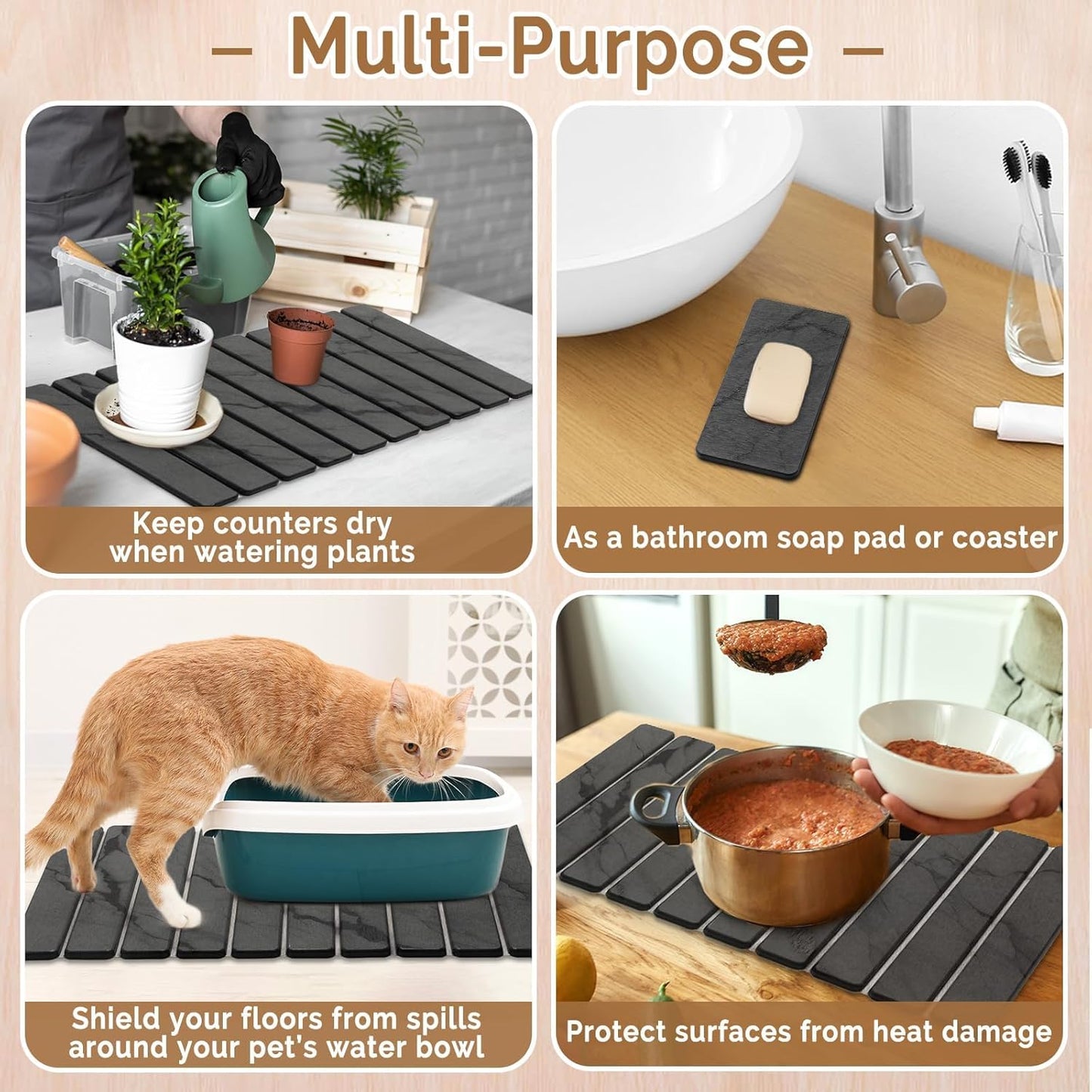 2 PCS Large Stone Dish Drying Mat for Kitchen Counter,Quick Dry Stone Dishes Mats,Marbled Water Absorbing Diatomaceous Earth Drying Pad for Countertop Bottles Utensils Cups(Dark Gray 24"×16" & 8"x4")