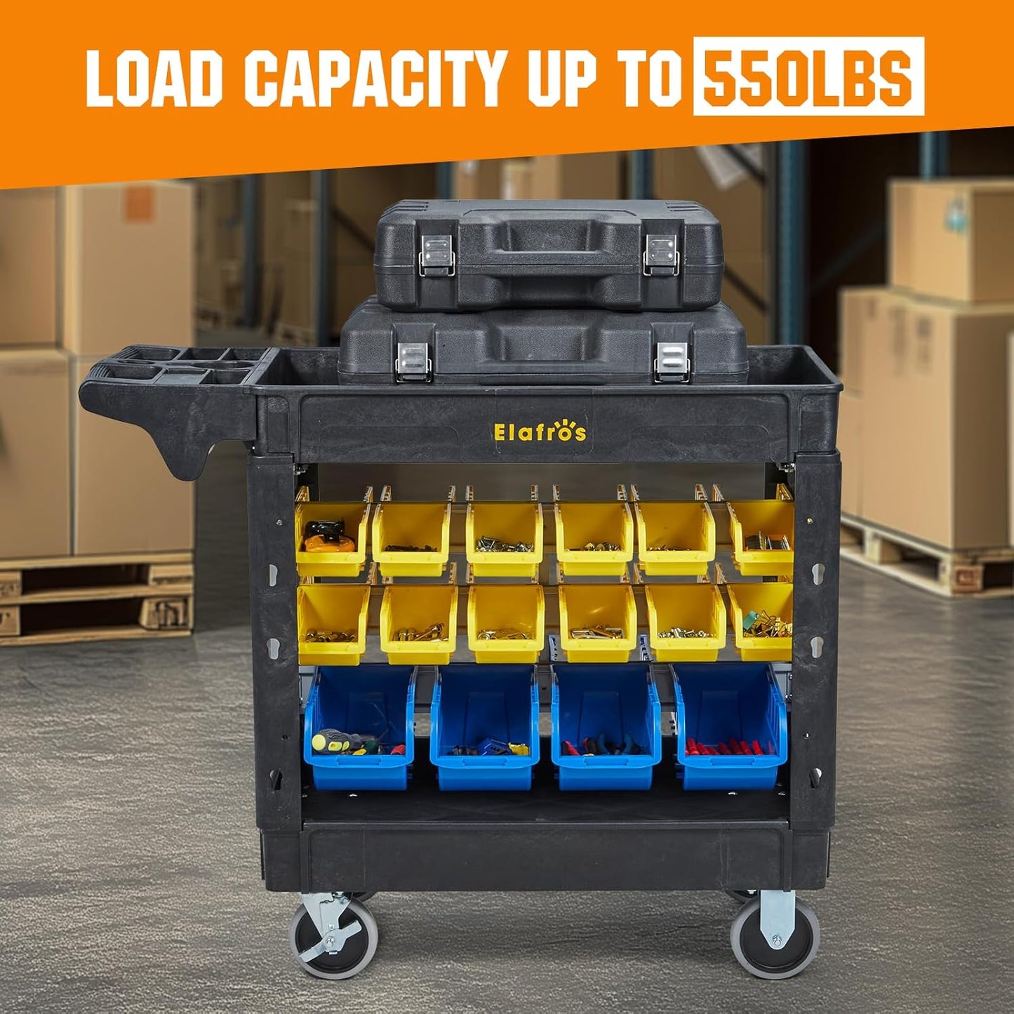 Elafros 2-Tier Utility Cart with 32 Storage Bins – Heavy-Duty Rolling Service Cart with Deep Tub Shelves, Locking Wheels, 550 lbs Capacity, 40.7"x17", for Workshop, Garage, Office