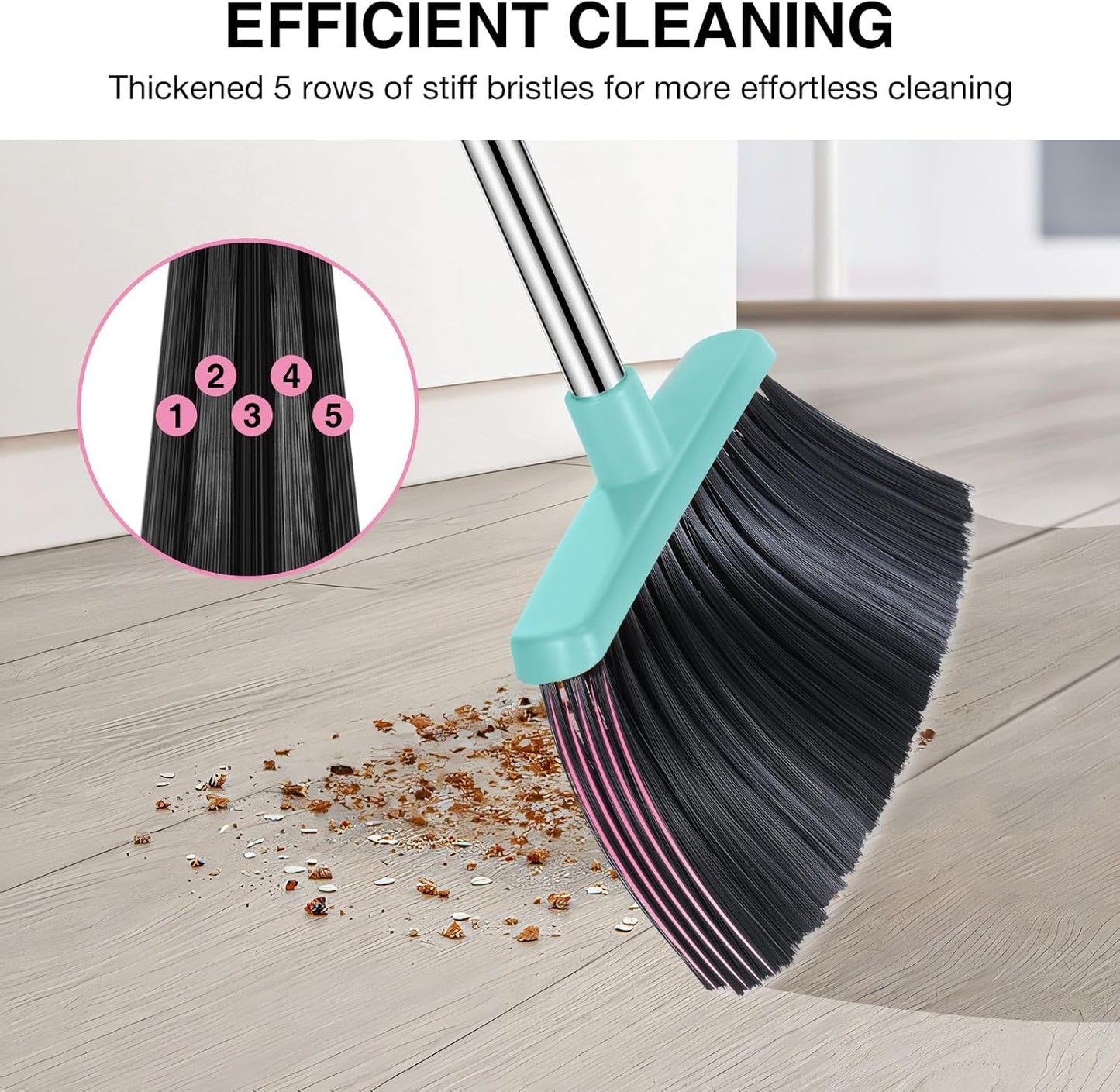 Broom and Dustpan Set, 52-in Long Adjustable Handle Broom Dustpan Combo with Dust pan Teeth to Automatically Clean Hair Suitable for Home Kitchen Office Hall Floor(Pink&Blue)