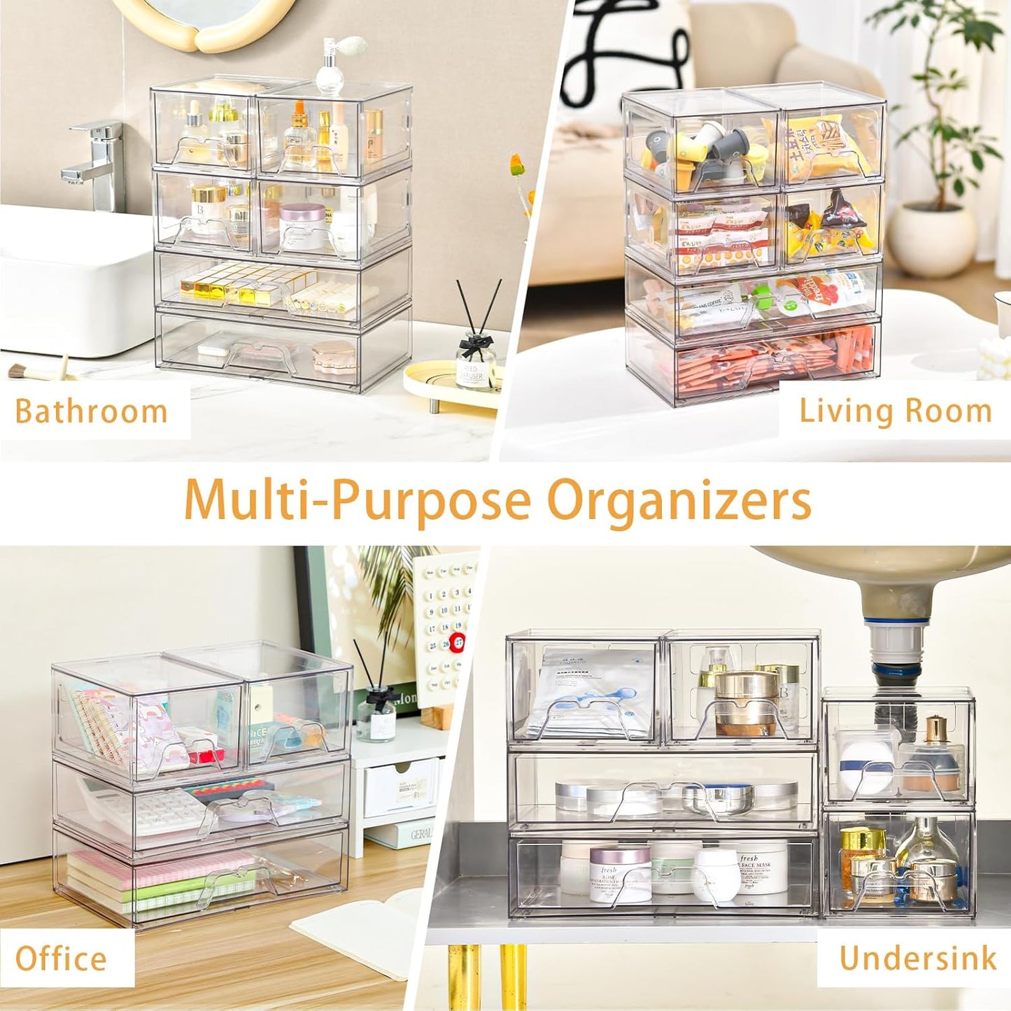 4 Pack Stackable Storage Drawers Clear Acrylic Organizer Bathroom Makeup Organizer and Storage for Beauty Supplies,Ideal for Vanity, Bathroom,Cabinet,Pantry Organization