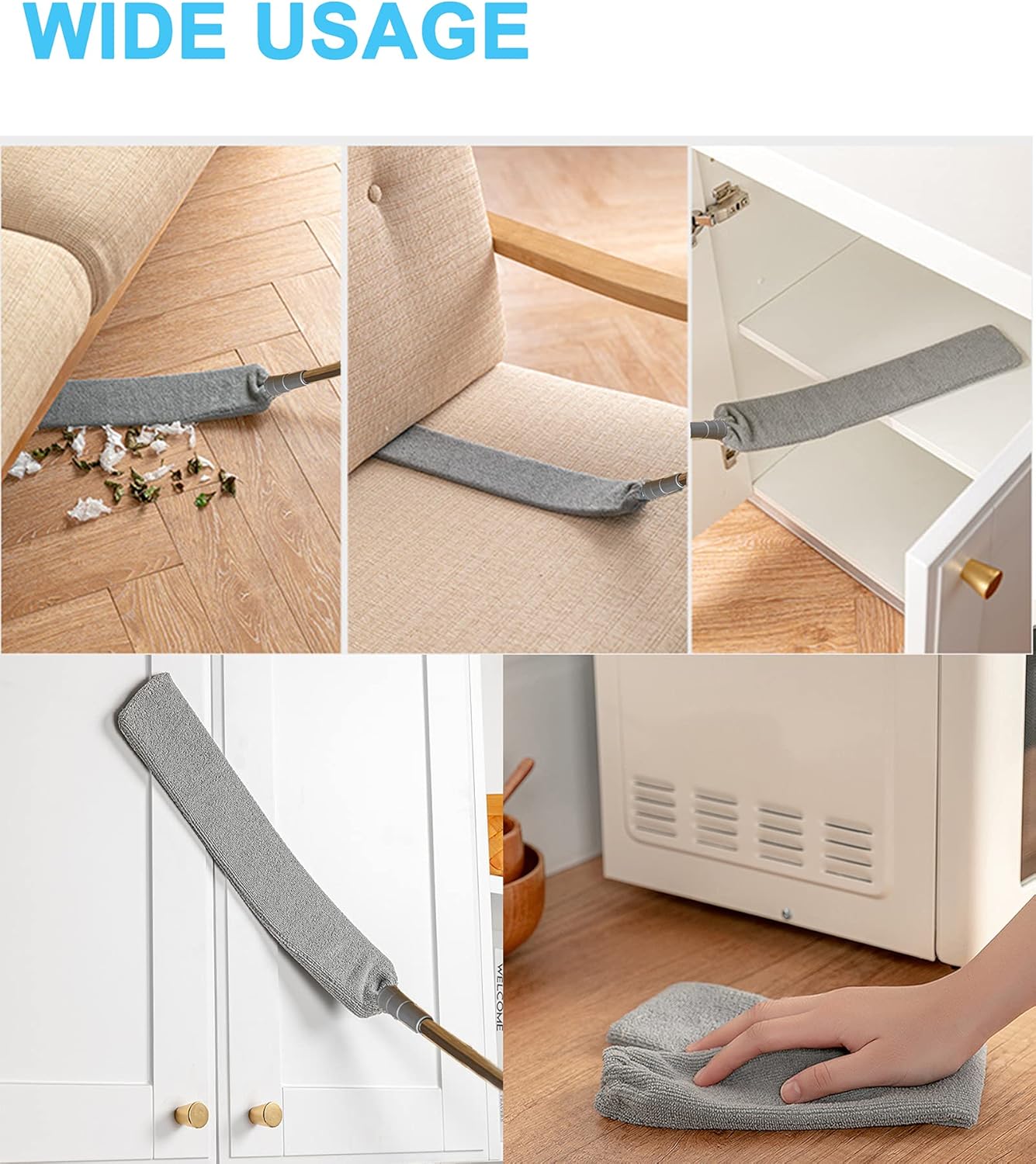 Upgraded Under Appliance Cleaning Gadgets, Microfiber Gap Duster, Skinny Flat Duster with Extendable Pole 26-55 Inches, Suitable for Underneath Cleaning of Furniture, Fridges, Couch, Stove, Bed