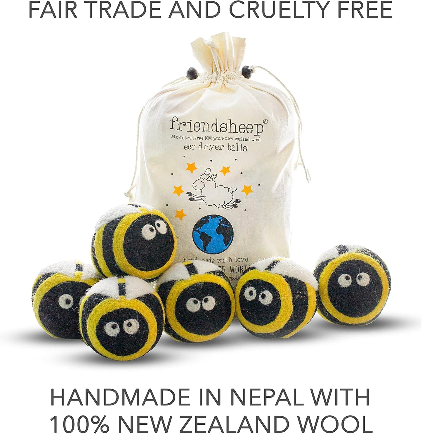 Friendsheep Wool Dryer Balls 6 Pack XL Organic Premium Reusable Cruelty Free Handmade Fair Trade No Lint Fabric Softener Honey Bee Bumblebee - Busy Bees