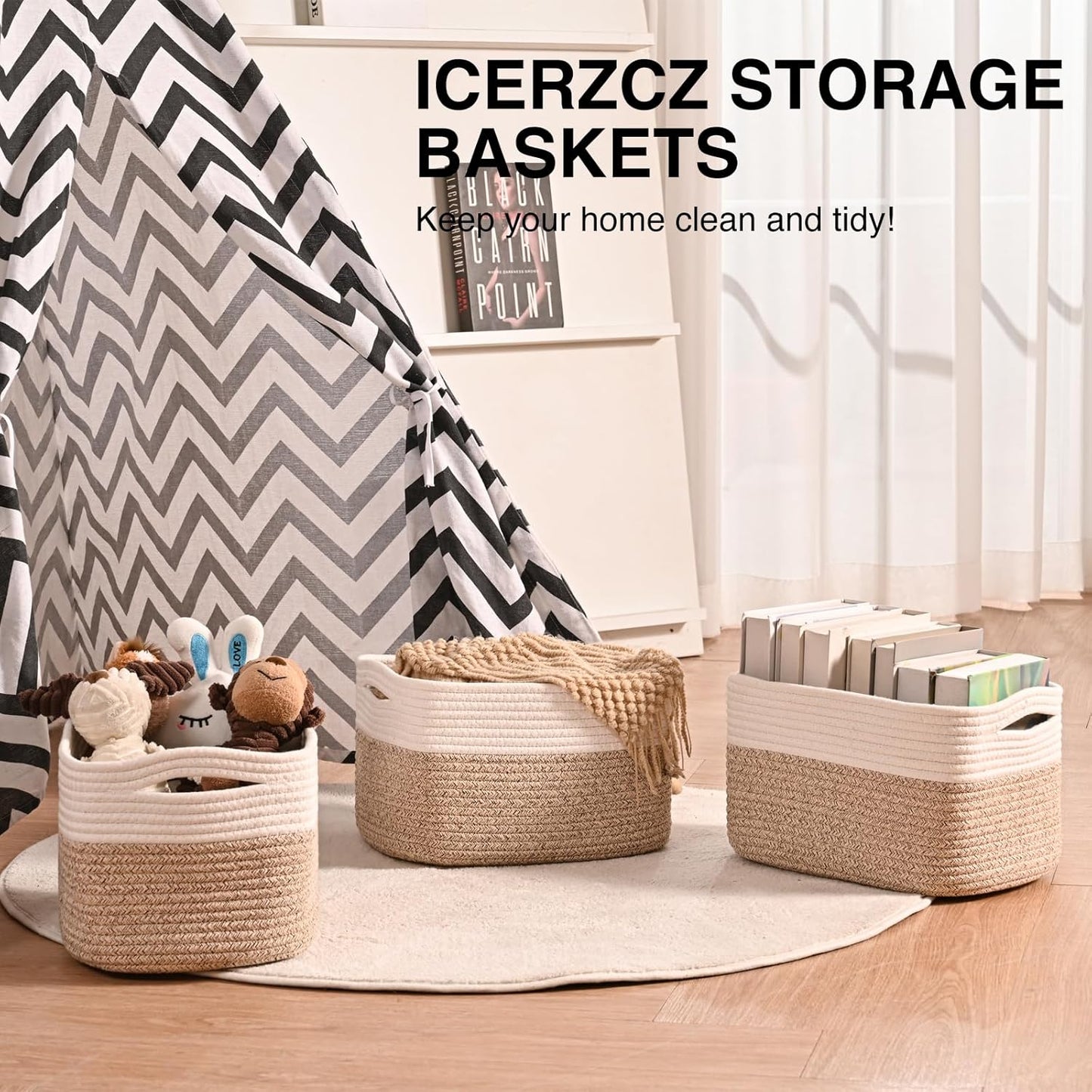 Storage Baskets for Shelves, Woven Storage Basket, Bins for Cube Storage, Cotton Rope Basket with Handles for Toy, Book, and Clothes Living Room, (4 Packs) Off White & Brown