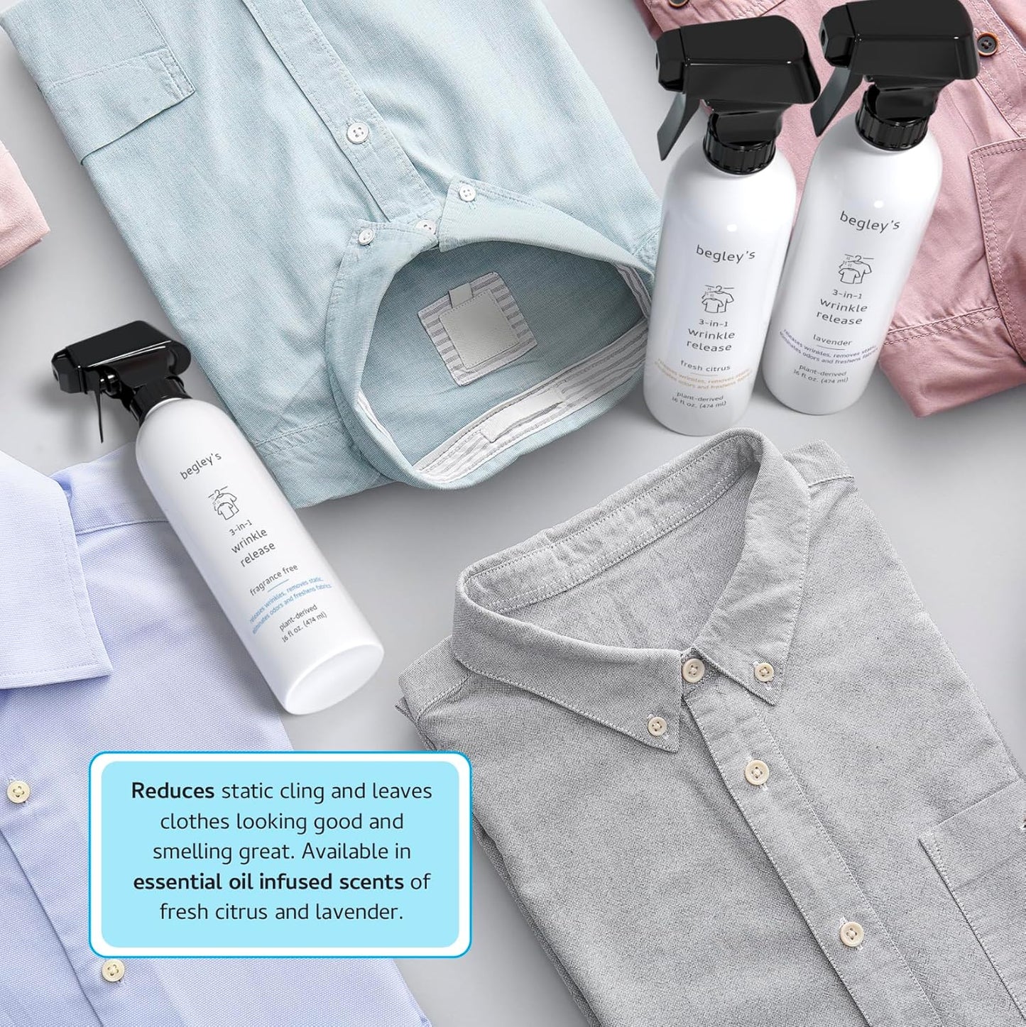 Begley's 3-in-1 Wrinkle Remover, Quick Fix Wrinkle Release, Static Cling Remover, Odor Eliminator and Fabric Refresher Spray - USDA Certified Biobased - Citrus, 3 oz Travel Size