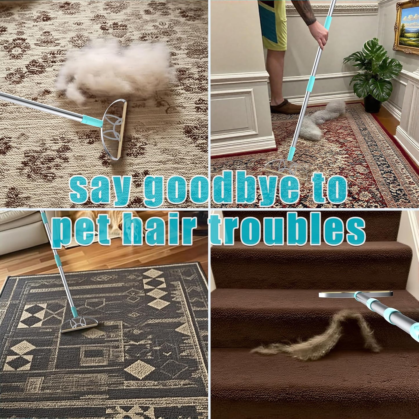 ULTRA+MAX+Pro LINTPLUS Pet Hair Remover Kit - 3-Size Carpet Rakes (S/M/L) w/Stainless Steel Handles - For Rugs, Carpets, Floors & Furniture - Stand-Up Design