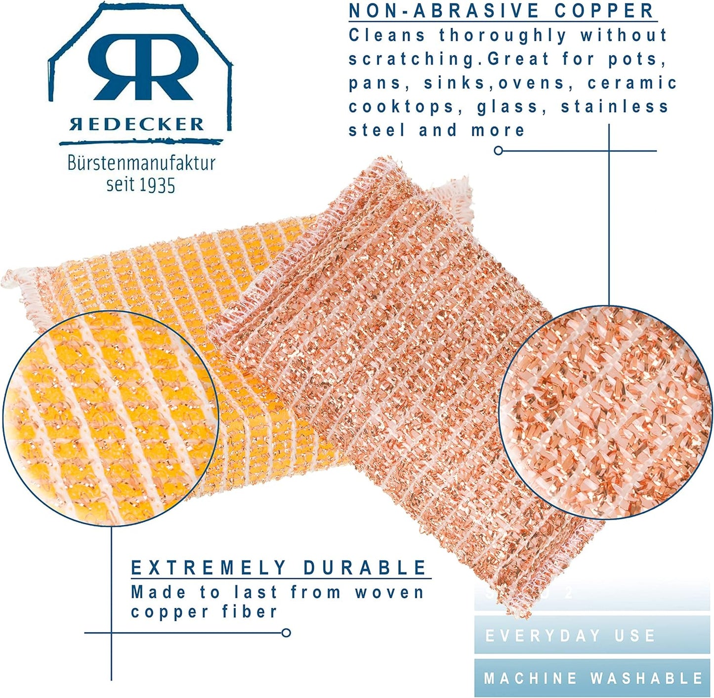 Redecker Copper Sponge, Set of 10, Includes 5 Large and 5 Medium Copper Fiber Sponges, Durable Non-Abrasive Scrubber, Cleans Stainless Steel Appliances, Pots and Pans, Auto Parts, Machine Washable