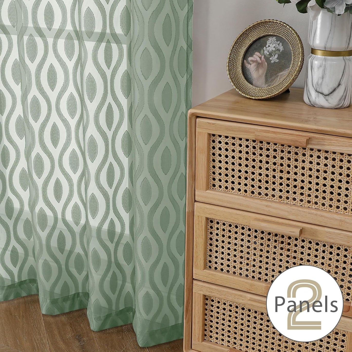 Aiyufeng Sage Green Curtains 45 Inch Length 2 Panels Set, Farmhouse Clip Jacquard Textured Short Sheer Curtains, Lightweight Chic Wavy Line Window Curtain Panels for Bedroom, 40" Wx45 L Inches