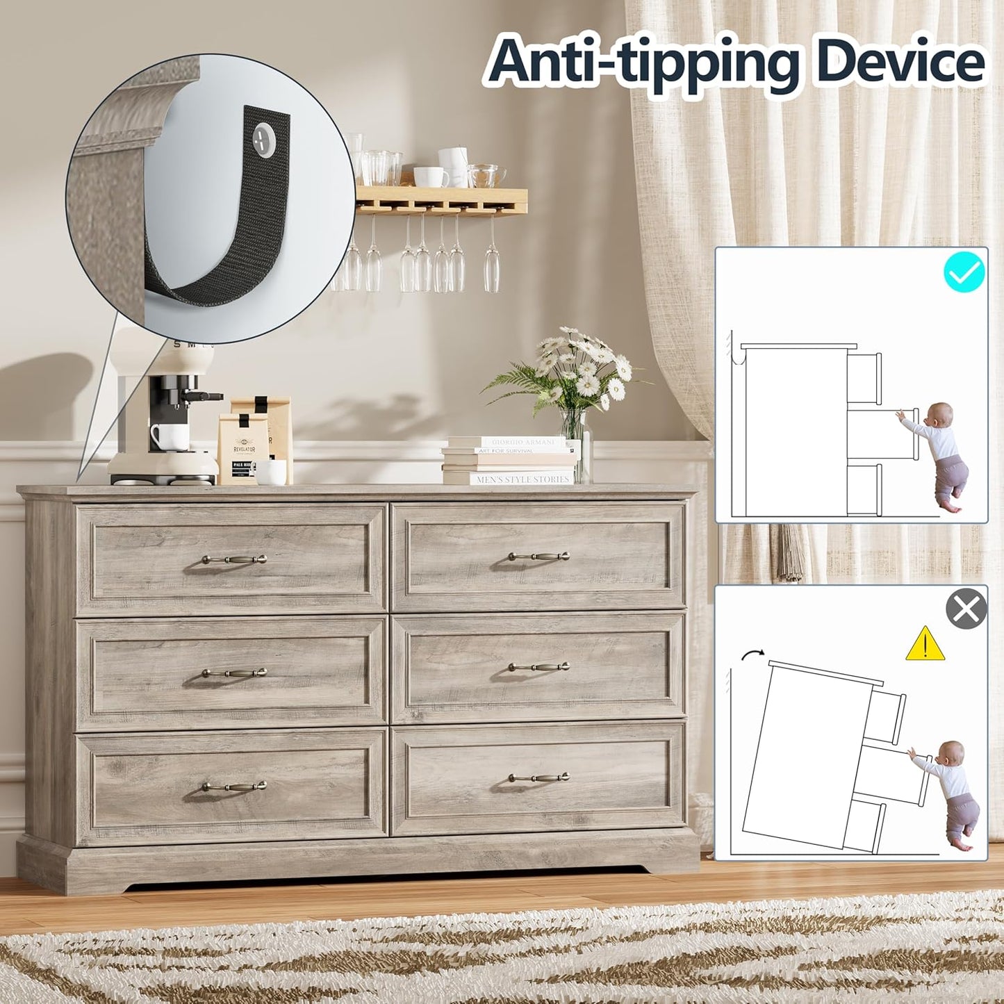 6 Drawer Dresser for Bedroom, 53" Wide Wooden Chest of Drawers, Rustic Farmhouse Dresser with Large Drawers & Metal Handles, Modern Storage Organizer for Closet, Living Room, Hallway, Grey