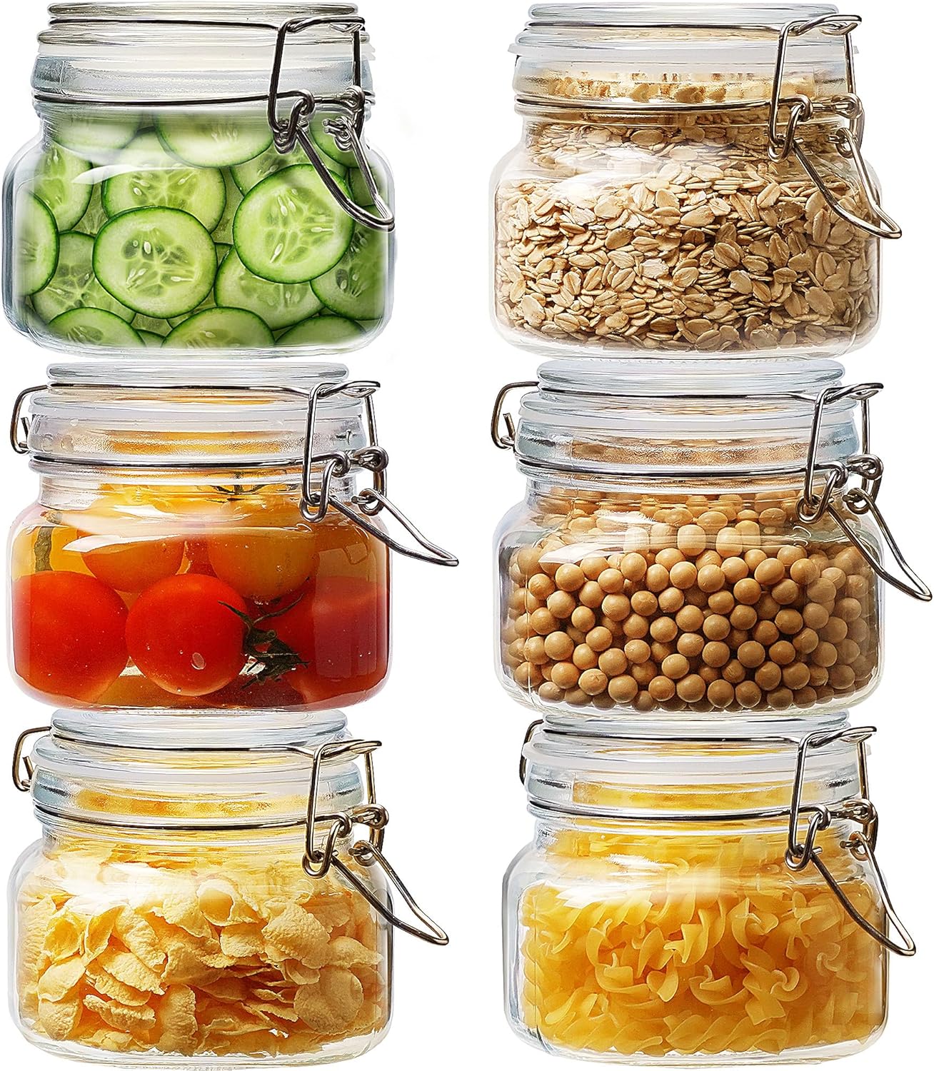 17oz - 6 Pack Square Glass Jars with Airtight Lid, Wide Mouth Mason Jars with Clamp Lids, Air Tight Glass Canisters, Best Food Storage Containers for Cereal, Pasta, Rice, Sugar, Coffee, Spice