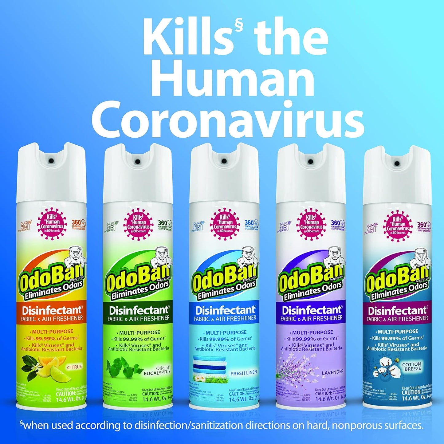 OdoBan Ready-to-Use 360-Degree Continuous Spray Disinfectant & Harsh Aroma Eliminator, Fabric and Air Freshener, Made in the USA, Original Eucalyptus Scent, 14.6 Ounces