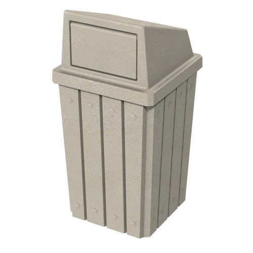 32 Gallon Square Slatted 100% Recycled Plastic Heavy-Duty Commercial Outdoor and Indoor Trash Can with Push Top Lid | Great for Schools and Businesses - Beige Granite