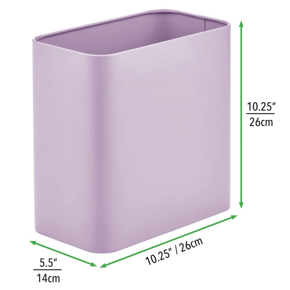 mDesign Metal Wastepaper Bin — Compact Rectangular Bathroom Bin — Rubbish Basket for Home and Office — Light Purple