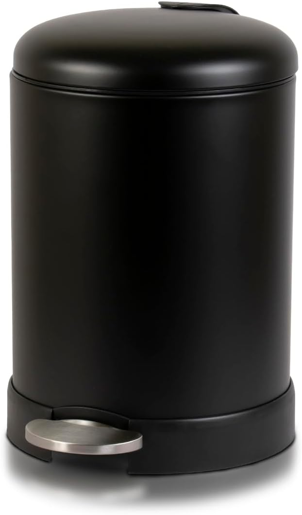 Glad Small Trash Can, 1.2 Gallon | Round Stainless Steel Garbage Bin with Soft Close Lid & Step Foot Pedal | Black Metal Waste Basket with Removable Inner Bucket, Matte Black