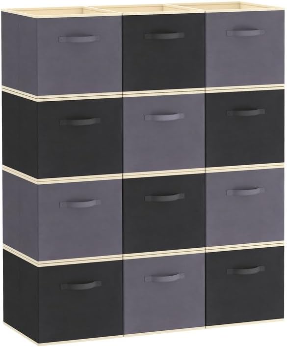 Lifewit 12 Packs Storage Cubes, 11 Inch Cube Storage Bins, Foldable Decorative Fabric Storage Baskets for Organizing Home Organizers with Handles for Shelves, Closet, Gray&Black
