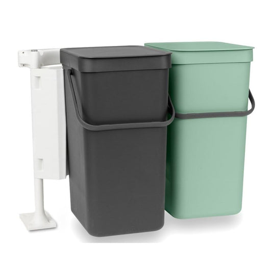 Brabantia Sort & Go Built-in Cupboard Recycling Cans (2 x 4.2 Gal/Dark Gray & Jade Green) Double Door Mounted Trash Organisers with Handles & Removable Lids