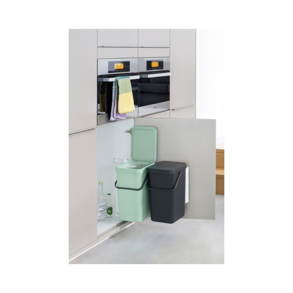 Brabantia Sort & Go Built-in Cupboard Recycling Cans (2 x 4.2 Gal/Dark Gray & Jade Green) Double Door Mounted Trash Organisers with Handles & Removable Lids