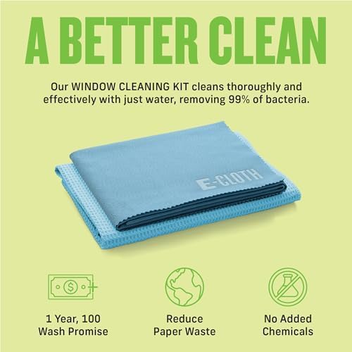 E-Cloth 2-Pack Window Cleaning Cloth - Streak-Free Glass & Mirror Cleaning Kit with Just Water, Glass Cleaning Cloth, Microfiber Towel Kit for Windows, Car Windshield, Mirrors - Alaskan Blue