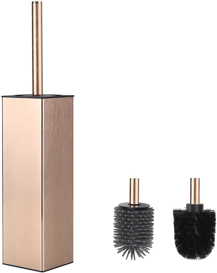 BGL Standing Toilet Brush and Holder Rose Gold Aluminium Toilet Bowl Cleaner Brush and Holder for Bathroom Storage and Organization, Square Design Sturdy and Space Saving