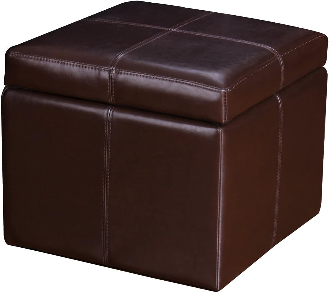 Adeco 17.7" Leather Cube Storage Brown Ottomans for Living Room