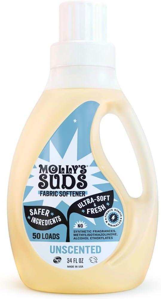 Molly’s Suds Fabric Softener Liquid for Sensitive Skin | Vinegar-Powered, Infused with Essential Oils | Fights Static, Reduces Wrinkles, Deodorizes | Unscented, 50 Loads